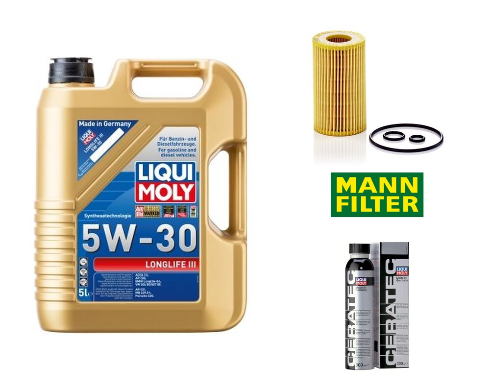 Kit vidange Volkswagen Audi Seat Škoda 1.6 TDI 2.0 TDI — huile Liqui Moly Longlife III 5W-30 5 L + filtre à huile MANN HU 7010 z + Cera Tec